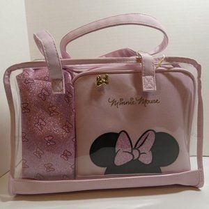 Disney Minnie Mouse 3 Piece Pink Zip AroundCosmetic Makeup Bag Travel set New